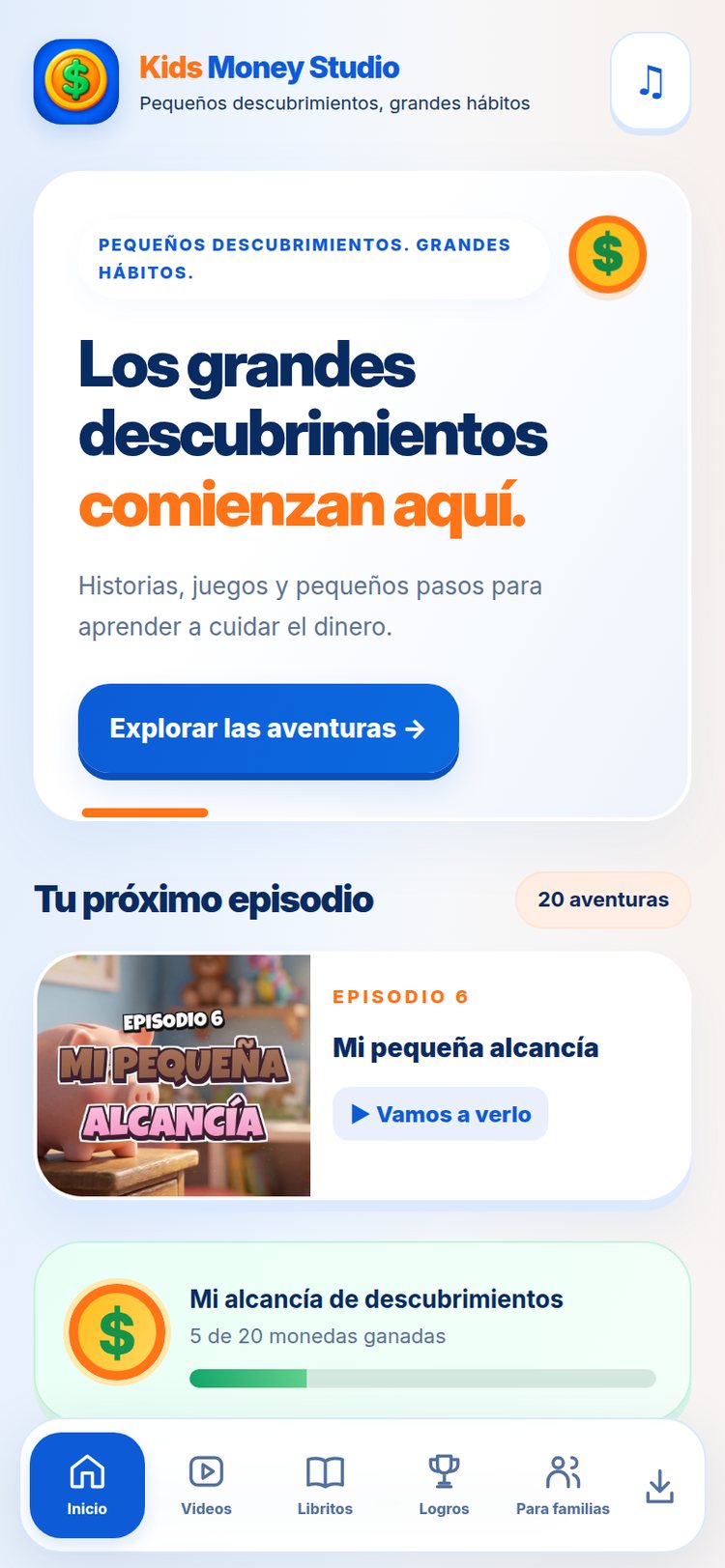 Pantalla de inicio de la aplicación Kids Money Studio