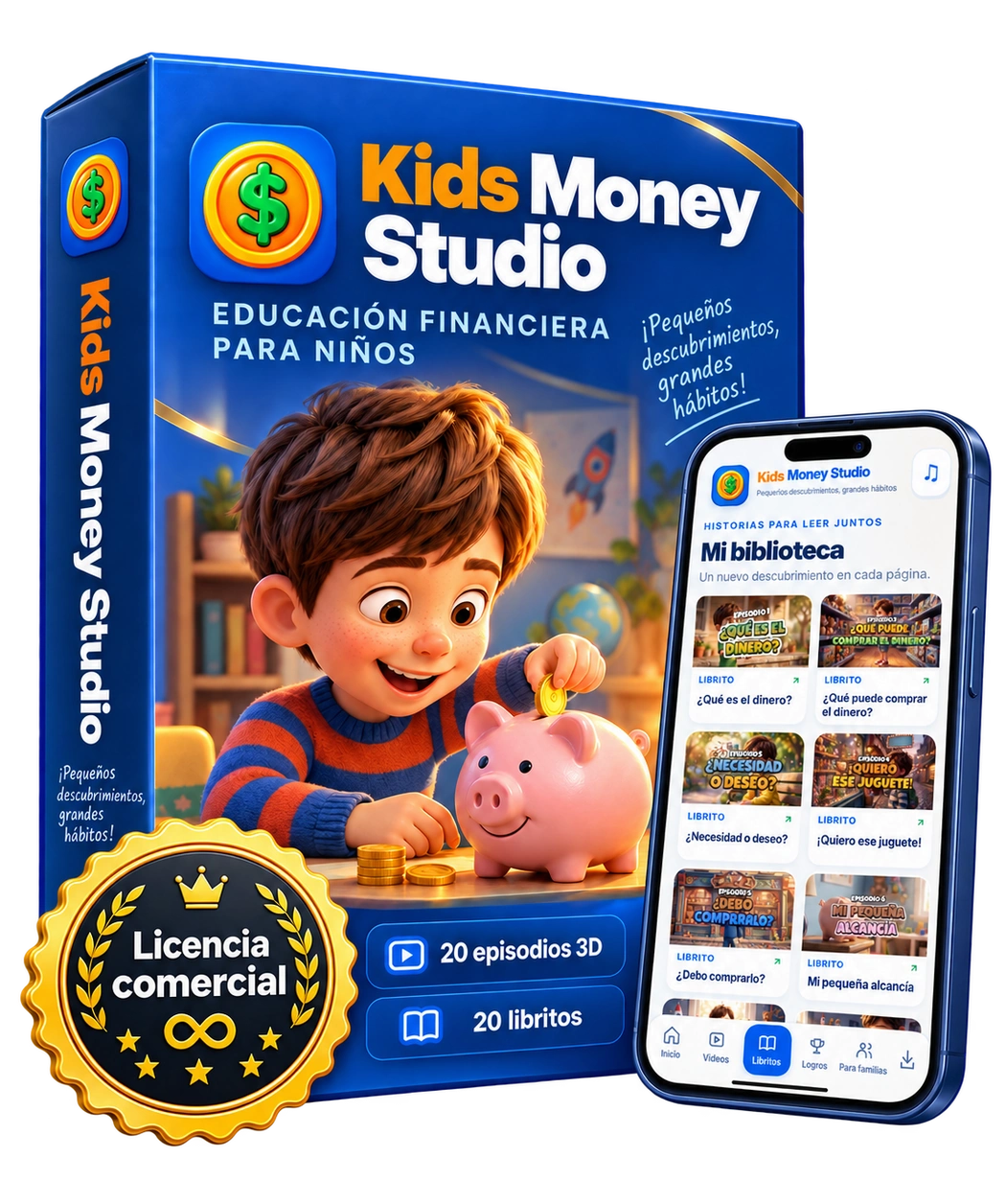 Caja del producto Kids Money Studio con la aplicación en el celular
